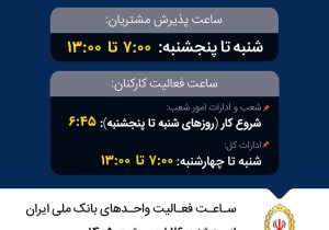 ساعات فعالیت شعب بانک ملی از ۲۶ اردیبهشت تغییر می‌کند