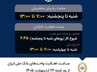ساعات فعالیت شعب بانک ملی از ۲۶ اردیبهشت تغییر می‌کند